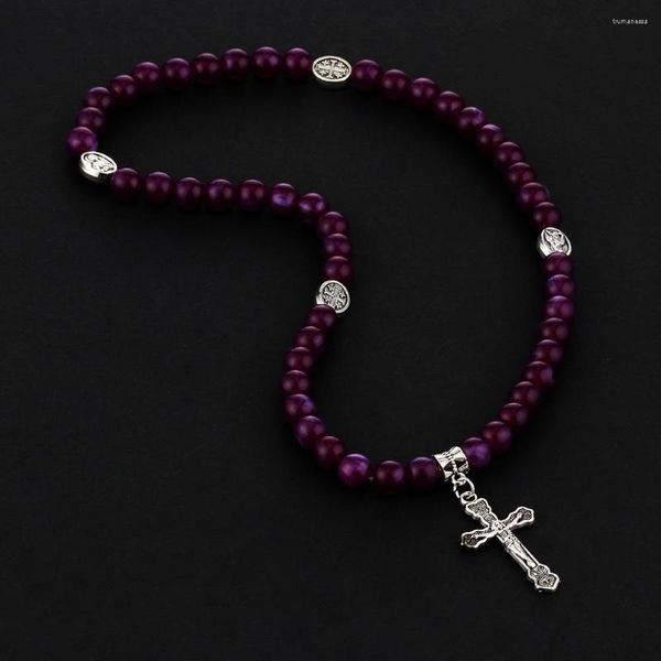 Strand Cottvorligious Crucifix Cross Our Lady Charms Çift Turlar Mor Boncuklu Zincir Dua Tespih Takı Vaftiz Hediyeleri