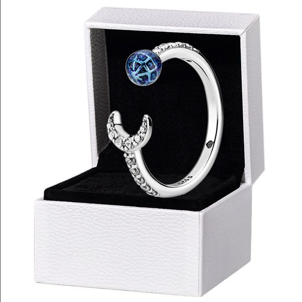 Anéis abertos da Terra e Lua Azul para Pandora Real Sterling Silver Fashion Jewelry for Women Girlfriend Gift CZ Diamond Designer Ring Set com caixa original