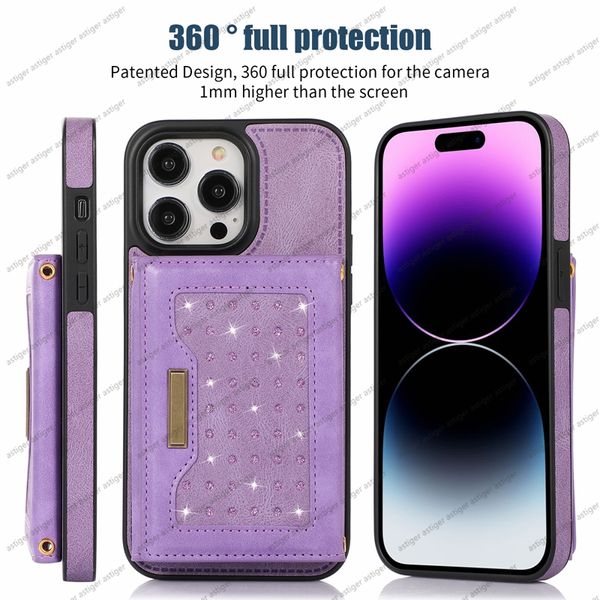 Caso de couro PU para iPhone 14 13 12 11 Pro Max XR XS 6 7 8 Plus Caso de telefone Phone Wallet Slot Slot Shiny Bag Crossbody Fashion Photo Frame Protective Case para Samsung Galaxy