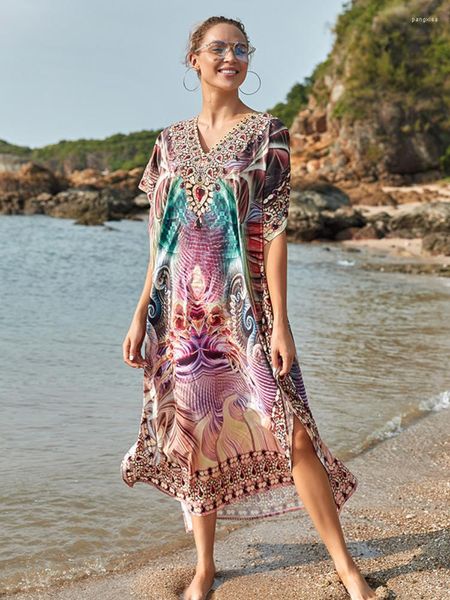 Menas de banho feminina Kaftans para mulheres lascas de praia Impressa Índia Folk Maxi vestidos de manga curta pareo maiô capa de banheira roupas de praia