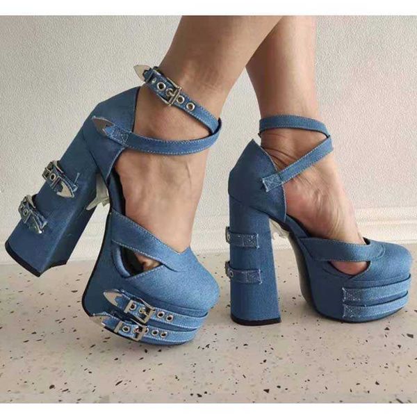 Cintura con fibbia in denim blu Piattaforma con fibbia Mary Jane Décolleté Cinturino incrociato con fibbia alla caviglia Tacchi alti Lolita Outfit Scarpe singole 0316