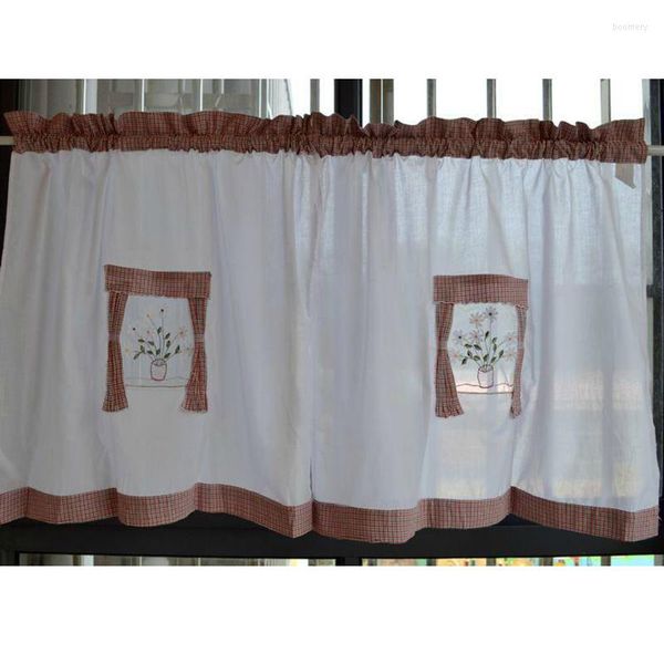 Tenda stile country americano panno ricamo breve caffè tende da cucina tende finite porta finestra soggiorno tasca per asta