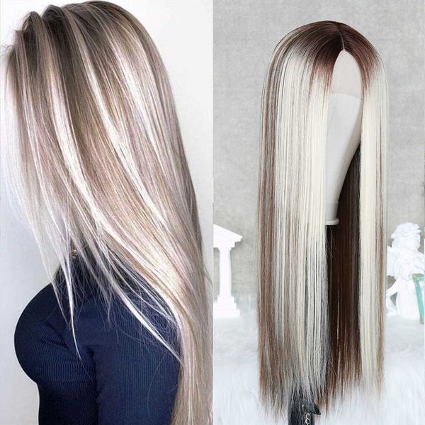 Synthetische Perücken, Aschblond, gerade Spitze, langes Haar, Highlight Ombre, synthetischer Mittelteil, für schwarze Frauen 230227