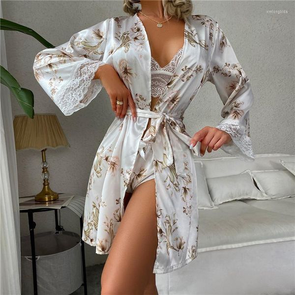 Mulheres sleepwear 3 pcs mulheres sexy lingerie renda cetim camisola nightyrobe pamas set sleep wear homewear camisola