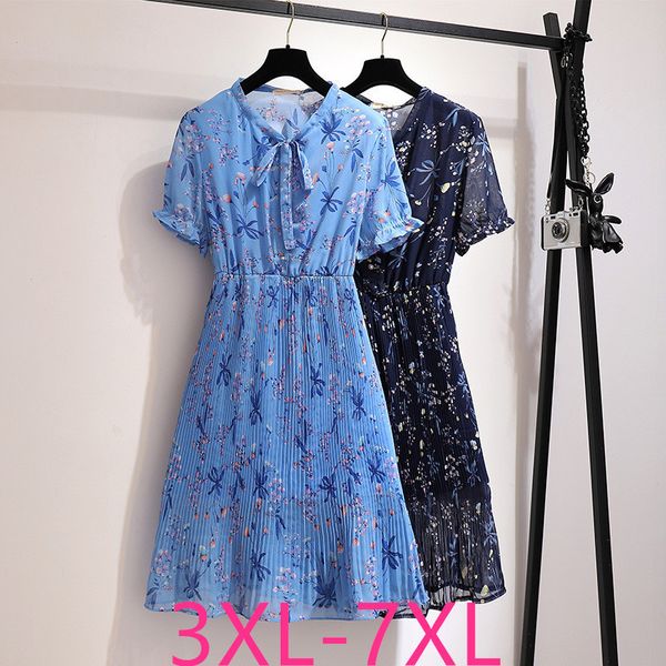 Lässige Kleider Sommer -Plus -Größe Kleider für Frauen Große Kurzschläuche lässig Casual Floral Falten Chiffon Kleid Blau 3xl 4xl 5xl 6xl 7xl 230316