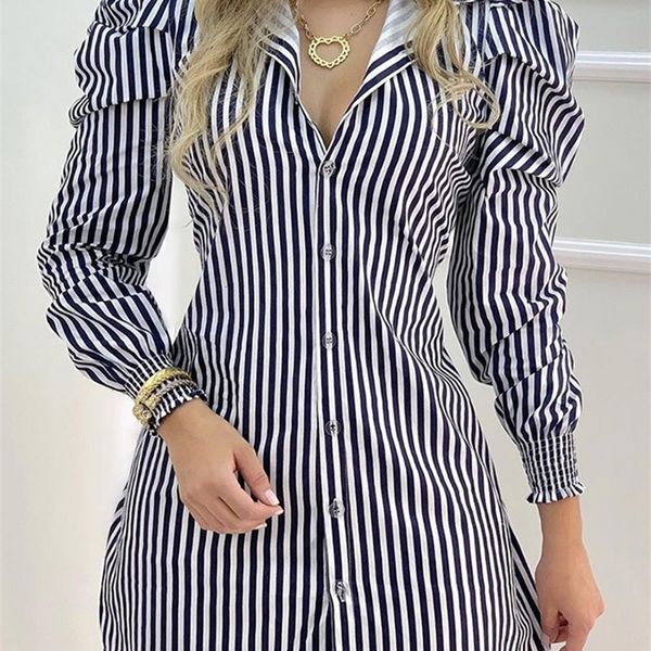 Abiti casual Abito camicia a maniche a sbuffo con bottoni a righe Abito da lavoro casual da donna 230316