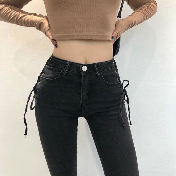 Jeans da donna 2023 Autunno Donne di marca Skinny Side Lace-up Pantaloni a matita sexy Pantaloni neri alla moda Vaqueros Mujer