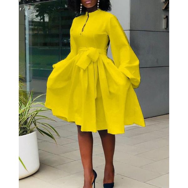 Abiti casual Donne eleganti Abito bianco giallo Moda Tinta unita Manica a lanterna Signora africana Ufficio Abbigliamento da lavoro modesto Abiti casual