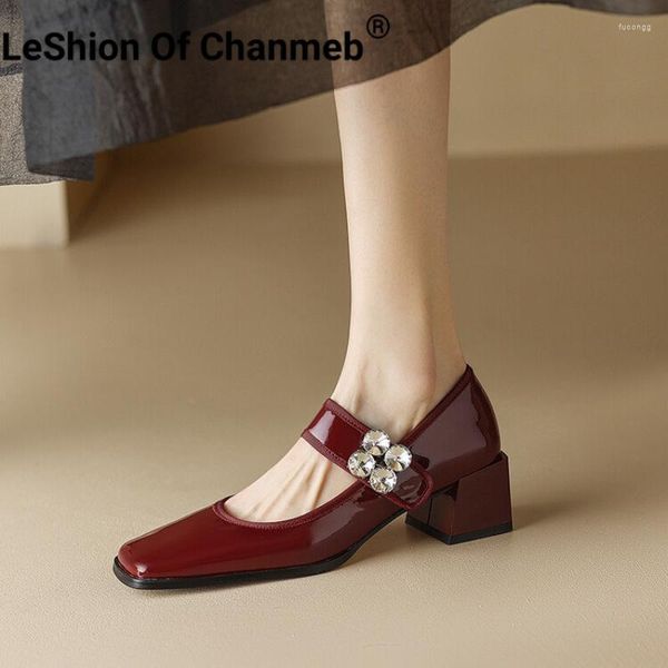 Dress Lesion di Chanmeb Genuina pelle Mary Janes Burgundy Pompe donne Women Hookloop Crystal Square Toe Wedding Female 2023 Office