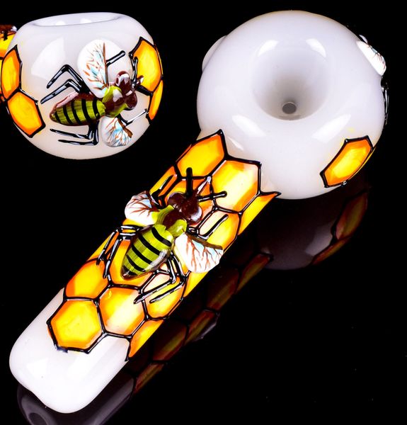Pipa da fumo in vetro Heavy Tabocco Hand Pipes Honeycomb Bee Ciotola per cucchiaio fatta a mano con pittura a mano