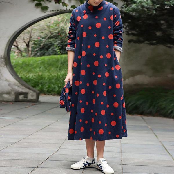 Abiti casual Johnature donna stampa a pois abito con bottoni a contrasto stand abiti invernali larghi stile cinese vintage 2023