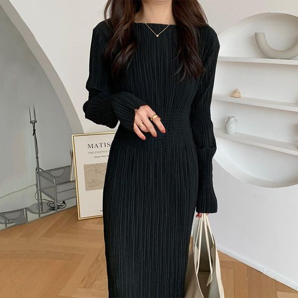 Abiti casual Black Women Midi Dress Retro 2023 Big Girls manica lunga Autunno Lady Clothes #1026