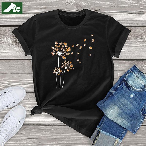 Camiseta feminina Funny Graphic Graphic Dandelion Dog T T para mulheres meninas Kawaii Roupas unissex Casual Mulher tshirts Corgi Manga curta Ladies Tops 230317