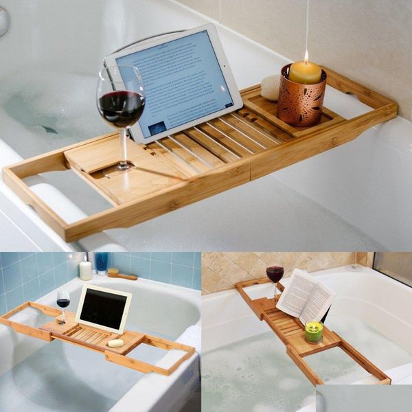 Organização de armazenamento do banheiro Luxo Bambu Bathtub Bathtub Bridge Bridge Caddy Bandey Rack Rack retrátil Titular do livro de vidro Suppo Dhwnm