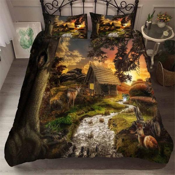 Set di biancheria da letto 2/3 pezzi Star Moon Set Night Forest Copripiumino Old Castle Bed Quilt Home Federa di lusso