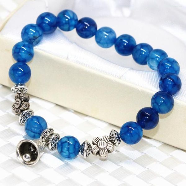 Strang Mode Naturstein Armbänder Agat Blau Popcorn Karneol 8mm Runde Perlen Glocke Anhänger Schmuck 7,5 Zoll B2062