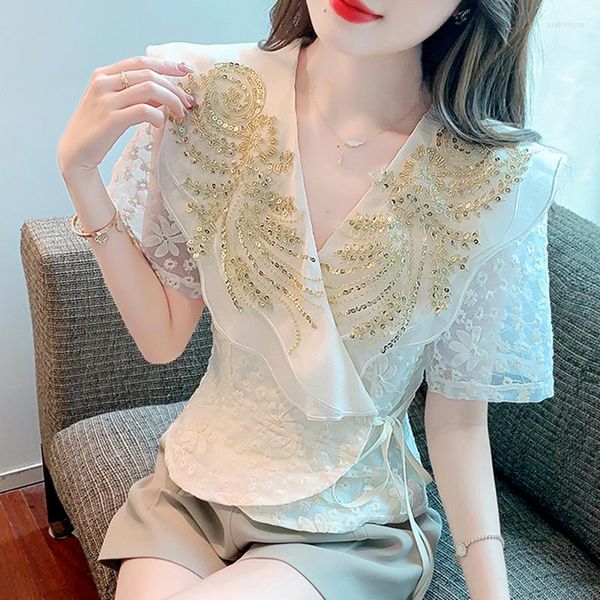 Camicette da donna 2023 Summer Short Short Women Fashion Sexy Valuto a V-Neck Lace Ricorso Crochet Chiffon Shirt