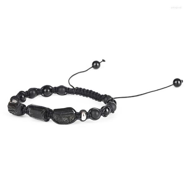 Strang Natürliche Raue Schwarze Turmalin Heilstein Perle Matte Onyx Alternative Lava Nylon Seil Unisex Einstellbare Energie Armband Geschenk