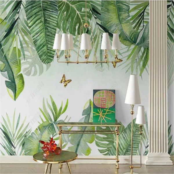 Papéis de parede Papel de parede mural nórdico para sala de estar Plantas tropicais pintadas à mão pequenas folhas frescas TV Background Wall Papers Decor