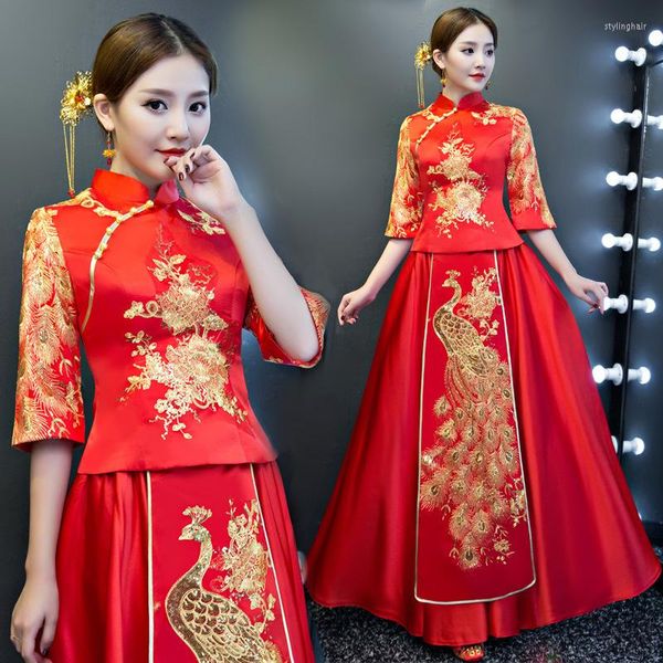 Roupas étnicas Mulheres vestido chinês tradicional 2023 Vestido de noiva longa Cheongsam