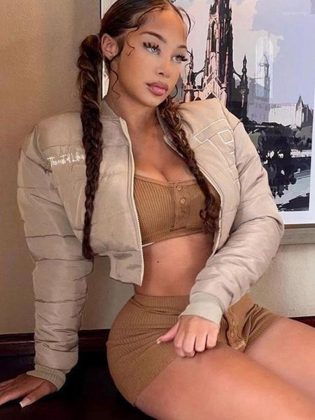 Damenjacken WeiYao Brief Drucken Frauen Crop Jacke Varsity Y2K 2023 Herbst Winter Casual Übergroße Mode Baseball Mantel Khaki Streetwear