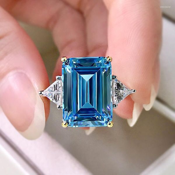 Ringos de cluster Emerald Cut Aquamarine Ring Real 925 Sterling Silver Party Weding Band para homens Promise de jóias