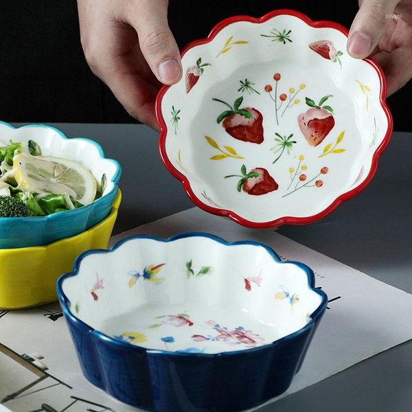 Tigelas de 6 polegadas 2pcs Creative Ceramic Tableware Wavy Petal Edge Home Under Glaze Color Soup Bowl Salada de fruta única Sobremesa