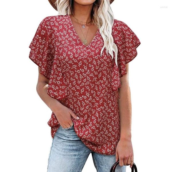 Camisetas femininas Mulheres Summer Summer Loose Ruffle Ruffle Short Sleeve Vopo Floral Print Tunic Tops