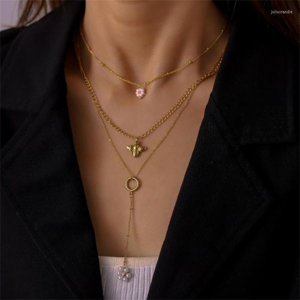 Colares pendentes Wesparking emo em aço inoxidável ouro banhado três camadas de abelha colar de pérola Chain Clavicle para mulheres