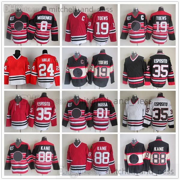 Filme Vintage Hockey Jersey Retro CCM Bordado 35 Tony Esposito Jersey 19 Jonathan Toews 88 Patrick Kane 81 Marian Hossa 8 Bill Mosienko 24 Martin Havlat Red Jerseys