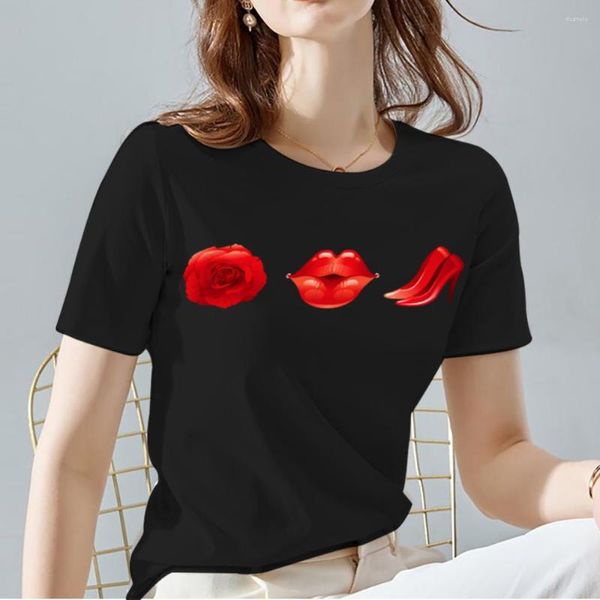 Camisetas femininas T-shirt feminino Black All-Match Ladies Tops Fashion Fashion Lip Print Pattern Series O-deco