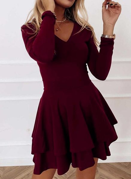 Vestidos casuais elegantes decote em vislump mini vestido mulheres cores sólidas cor de manga longa bainha de outono de inverno de inverno lady roupas