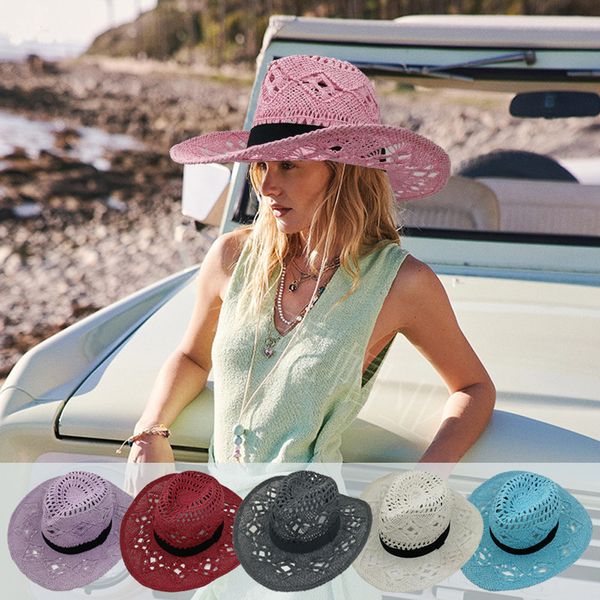 Chapéus de palha de cowboy de crochê ocidental 2023 para mulheres masculinas cor sólida aba larga praia chapéu de sol feito à mão oco para fora boné de cowgirl