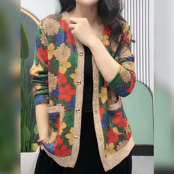 Женские трикотажные футболки элегантные с длинным рукавом печатный vneck button cardigan весенний осень тонкие винтажные повседневные карманы цветочные свитера женская одежда 230317