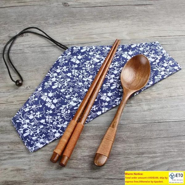 Bacchette da viaggio portatili in legno naturale all'aperto Cucchiaini da tè Set di stoviglie da tavola Borsa vintage da pranzo Strumento per sushi