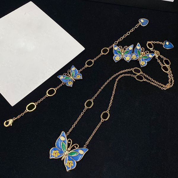 Anéis de flor amarela com charme de borboleta azul conspícua para senhora, ornamento de folha verde, colares com pingente de anel oval feminino, pulseiras