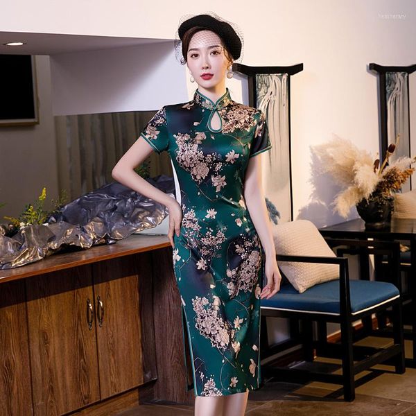 Ethnische Kleidung Plus Größe 4XL 5XL Rayon Dame Sommer Täglich Cheongsam Kleid Druck Blume Elegante Schlanke Abendkleider Vintage Kurzarm Qipao