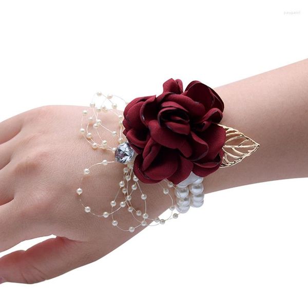 Charm-Armbänder für Brautjungfern, Handgelenk, Blumen, Hochzeitszubehör, Corsagen-Armband, Polyesterband, Rosenseide, Perlenschleife, Brautgeschenke