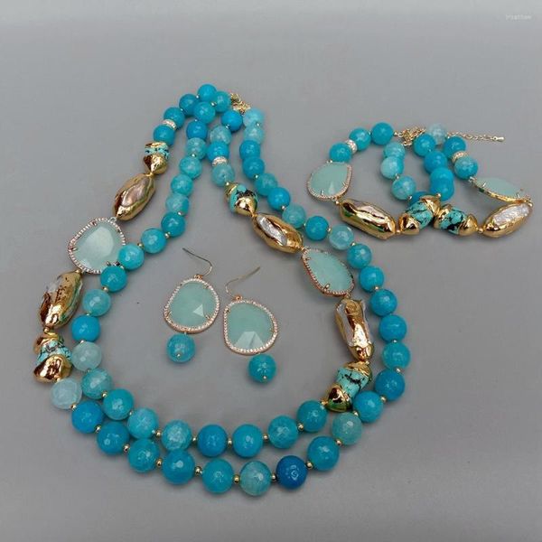 Brincos de colar Conjunto 2 fileiras Blue Facetted Agate Turqueloise Cultivada branca Biwa Pearl Crystal Bracelet