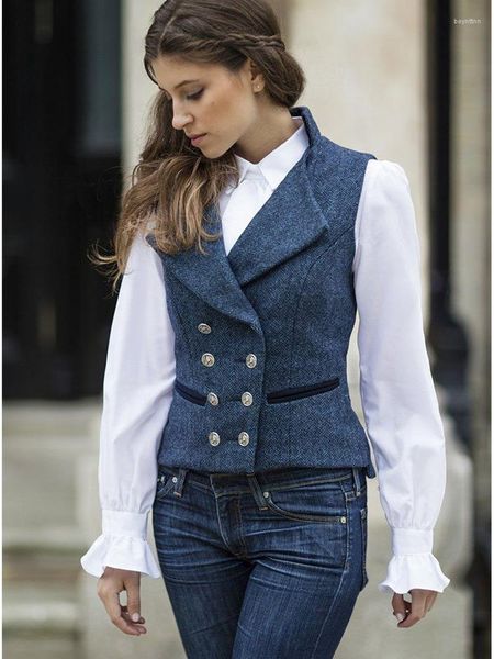 Gilet da donna Gilet da abito da donna Navy chiaro Elegante OL Gilet Doppiopetto Matrimonio Lana a spina di pesce Tweed Formale Ufficio Affari