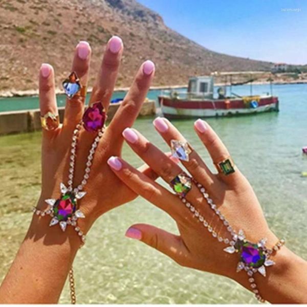 Bracelets de charme Multicolor Crystal Big Water Drop Chain Chain Bracelet conectada jóias para os dedos para mulheres arnês de mão de strass