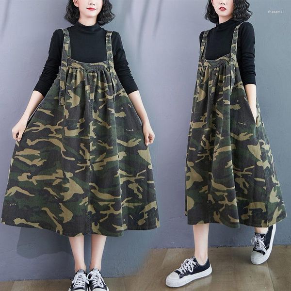 Abiti Casual Harajuku 2023 Streetwear Autunno Allentato Del Denim Della Bretella del Vestito delle Donne Retro Camouflage Vestiti Della Camicia Della Signora Elbise Y513