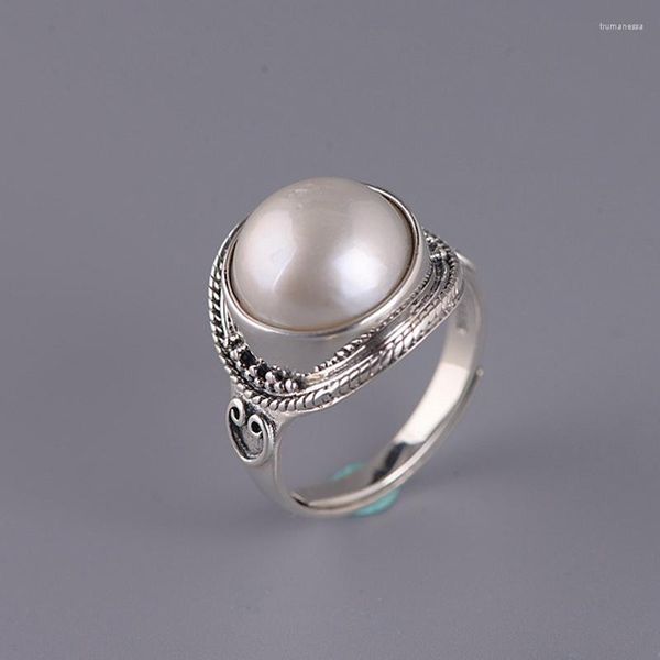 Ringos de cluster FNJ 925 anel de prata para jóias femininas Original Pure S925 Sterling Natural Mabe Freshwater Pearl