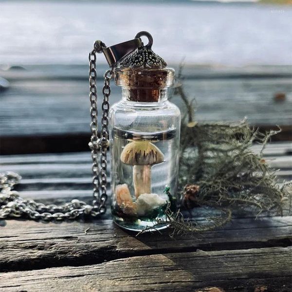 Correntes Y2K Colar de garrafa de cogumelo Moss Gream seu minúsculo jóias de resina de madeira de vidro de vidro