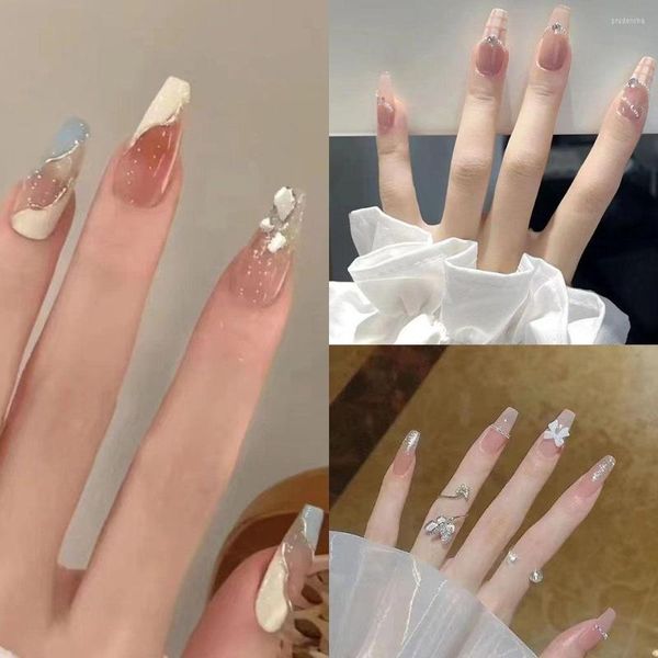 24 punte per unghie finte per manicure, rosa, carino, copertura completa, stampa su strass, finta ballerina francese lunga