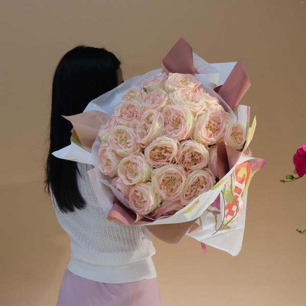 Fiori decorativi 25PCS Austin Rose Bouquet Gift Paper Wrap Peony Latex Coating Petal Pink Artificial Flower Wedding Decor (Ti auguro