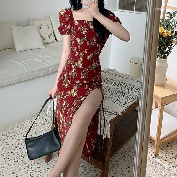 Vestidos casuais vestido floral francês vermelho com pescoço quadrado e cintura coletada no verão feminino 2023 fora do ombro
