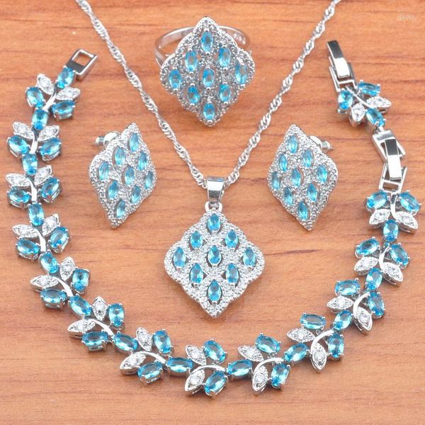 Collana di orecchini set 2023 colore argento per donna regalo di compleanno braccialetto con pendente ad anello in cristallo azzurro JS0735