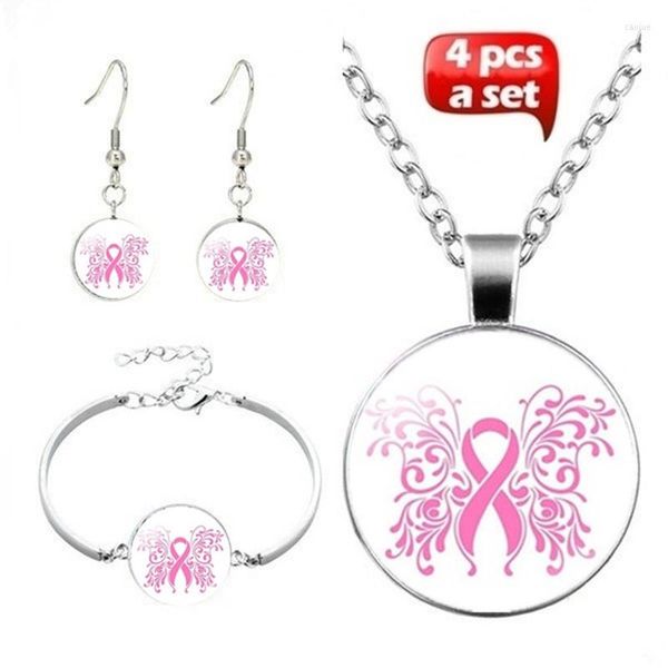 Ensemble collier et boucles d'oreilles rose pour sensibilisation au Cancer du sein, verre Po convexe, bijoux féminins, chaîne en argent tibétain, Bracelet de boucles d'oreilles