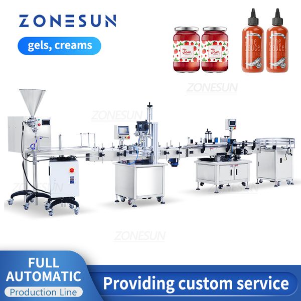 ZONESUN Linea di produzione automatizzata per salsa di peperoncino gel Tappo a vite Bottiglia rotonda Riempimento barattolo Tappatura Etichettatura Macchina per riordinare ZS-FAL18X9